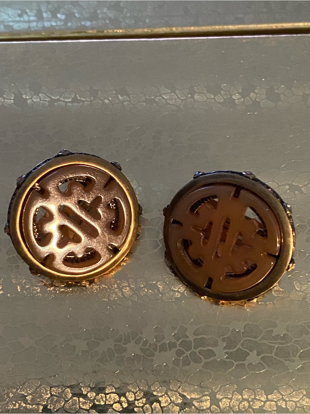 New Open Work Monogram Earrings, Brown enamel clip ons